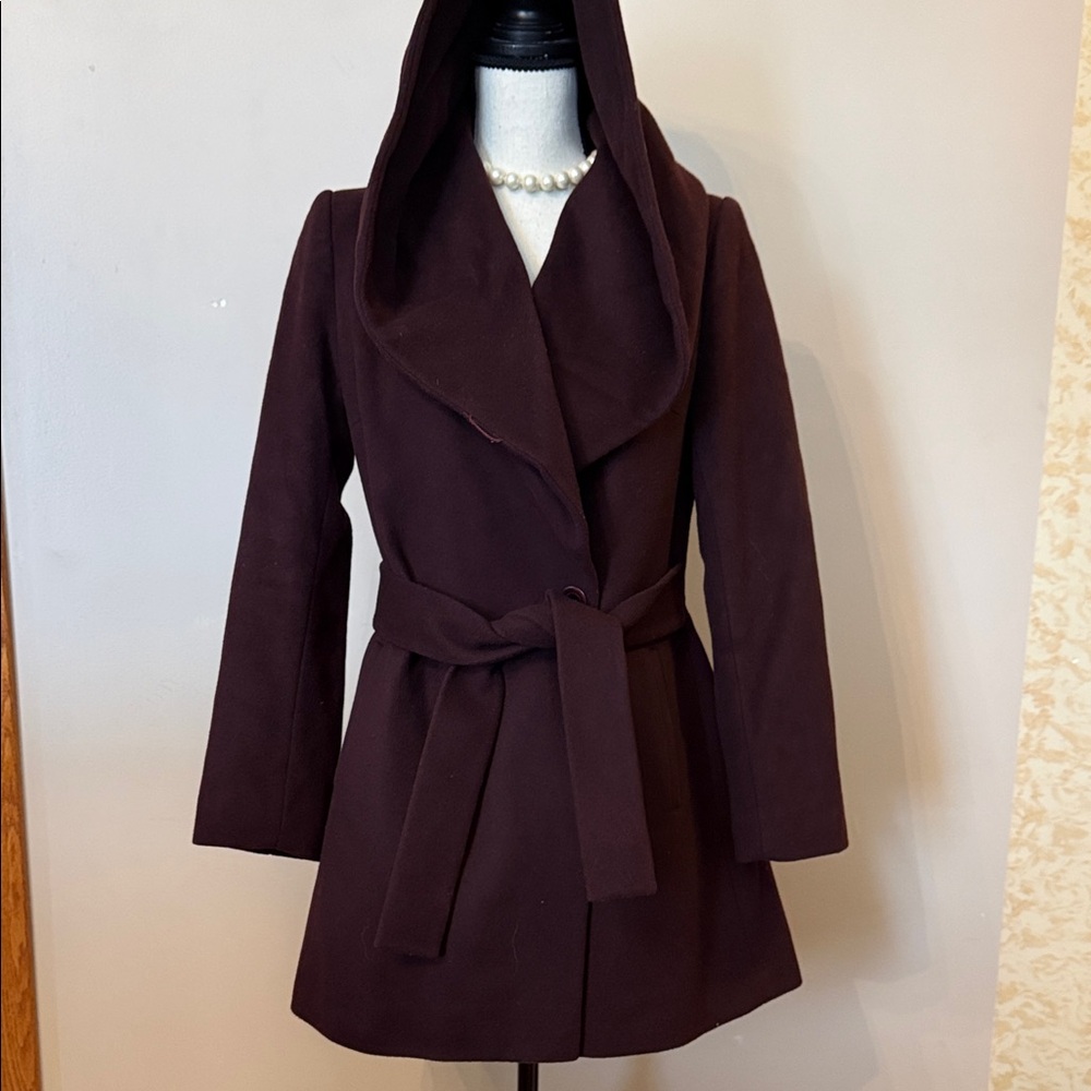 Trina Turk Hooded Swing Coat in Rich Burgundy - Picture 2 of 9